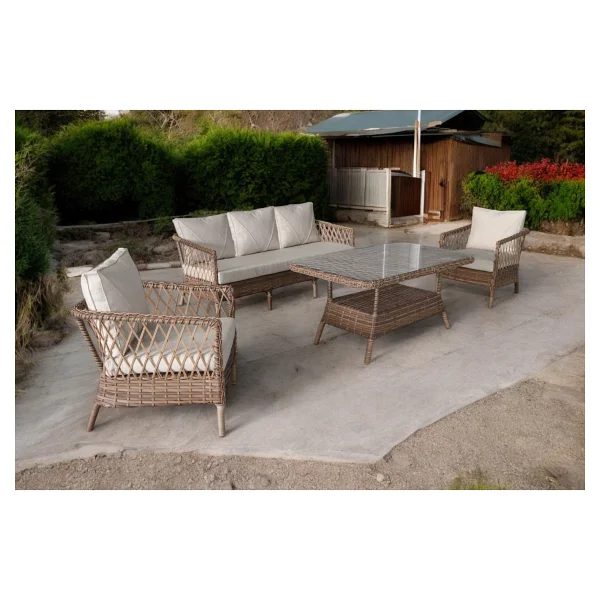 Monalin Home Garden I Loft 5 Kişilik Oturma Takımı (Kahverengi) I Rattan El Örgüsü Bahçe Mobilyası - Kahverengi - Krem - Görsel 2