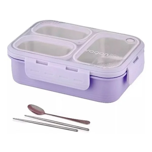 Vagonlife Fflbox7097 Mor Metal Kaşıklı 3 Bölmeli 620 Ml Çelik Beslenme Kutusu - Görsel 2