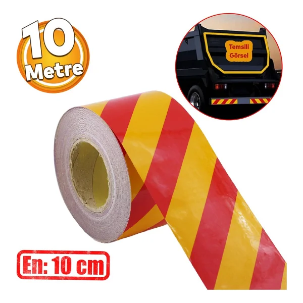 Badem10 Reflektörlü Yapışkanlı Parlayan Fosfor Sarı Kırmızı 10 Mt Reflektif Düz Şerit Bant 10 Cm İkaz Bandı - Görsel 6