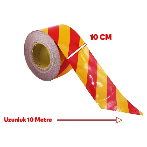 Badem10 Reflektörlü Yapışkanlı Parlayan Fosfor Sarı Kırmızı 10 Mt Reflektif Düz Şerit Bant 10 Cm İkaz Bandı - Görsel 2