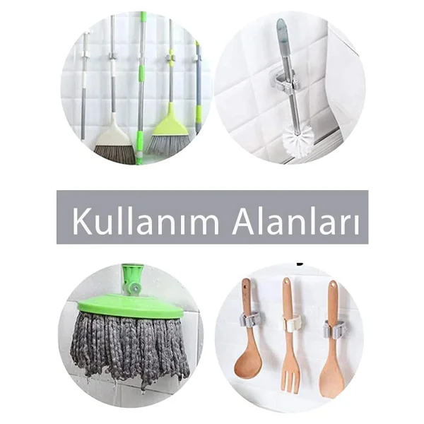 Safestore 4 Adet Fırça Süpürge Paspas Mop Sapı Tutucu Askı Çok Amaçlı Duvara Monte Mop Askısı - Görsel 5
