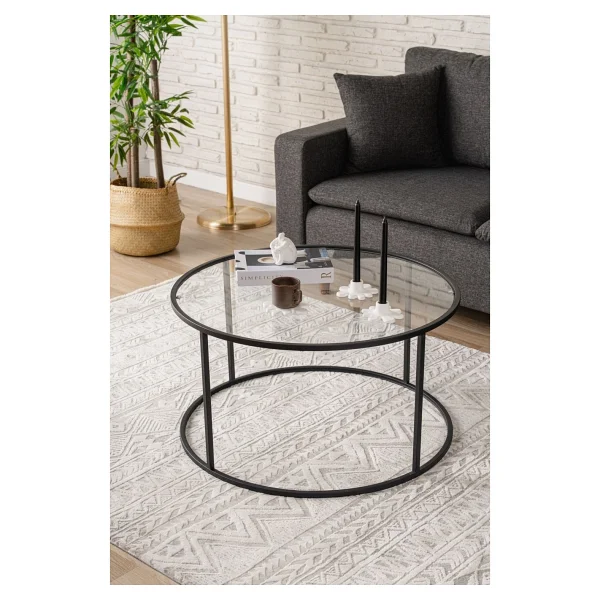 Dekopratik Berlin Orta Sehpa 80 Cm Yuvarlak Şeffaf Camlı Sehpa - Siyah - Görsel 6