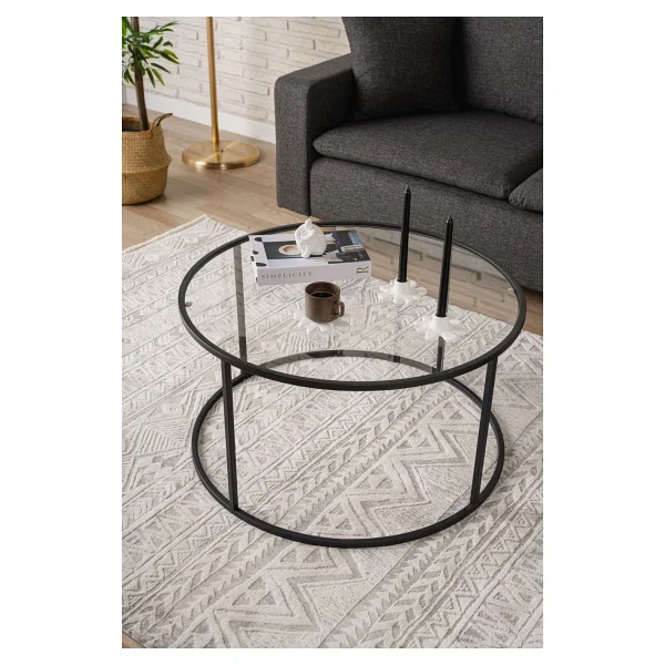Dekopratik Berlin Orta Sehpa 80 Cm Yuvarlak Şeffaf Camlı Sehpa - Siyah - Görsel 2