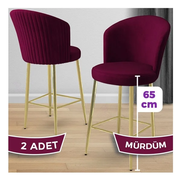 Canisa Alte Serisi 2 Adet Babyface Kumaş 65 Cm Gold Kaplama Ayaklı Bar Sandalyesi - Su Yeşili - Görsel 4