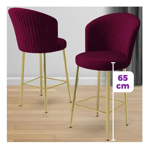 Canisa Alte Serisi 2 Adet Babyface Kumaş 65 Cm Gold Kaplama Ayaklı Bar Sandalyesi - Mürdüm - Görsel 2