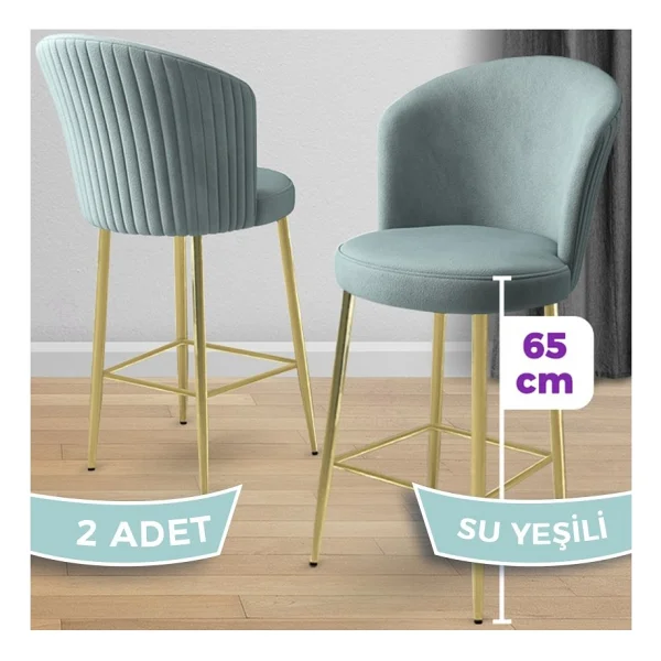 Canisa Alte Serisi 2 Adet Babyface Kumaş 65 Cm Gold Kaplama Ayaklı Bar Sandalyesi - Su Yeşili - Görsel 5