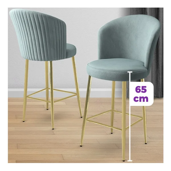 Canisa Alte Serisi 2 Adet Babyface Kumaş 65 Cm Gold Kaplama Ayaklı Bar Sandalyesi - Su Yeşili - Görsel 2