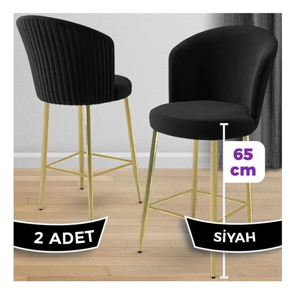 Canisa Alte Serisi 2 Adet Babyface Kumaş 65 Cm Gold Kaplama Ayaklı Bar Sandalyesi - Su Yeşili - Görsel 6