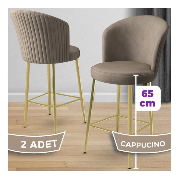 Canisa Alte Serisi 2 Adet Babyface Kumaş 65 Cm Gold Kaplama Ayaklı Bar Sandalyesi - Su Yeşili - Görsel 7