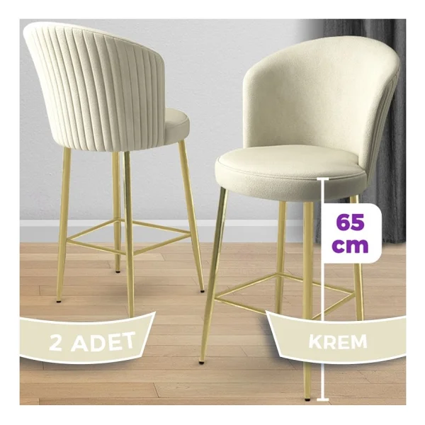 Canisa Alte Serisi 2 Adet Babyface Kumaş 65 Cm Gold Kaplama Ayaklı Bar Sandalyesi - Su Yeşili - Görsel 8