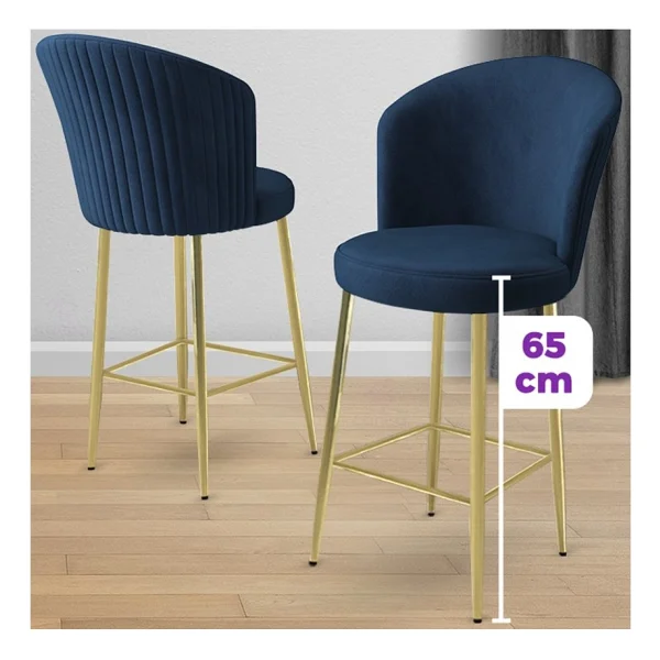 Canisa Alte Serisi 2 Adet Babyface Kumaş 65 Cm Gold Kaplama Ayaklı Bar Sandalyesi - Lacivert - Görsel 2