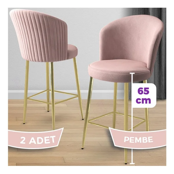 Canisa Alte Serisi 2 Adet Babyface Kumaş 65 Cm Gold Kaplama Ayaklı Bar Sandalyesi - Su Yeşili - Görsel 9