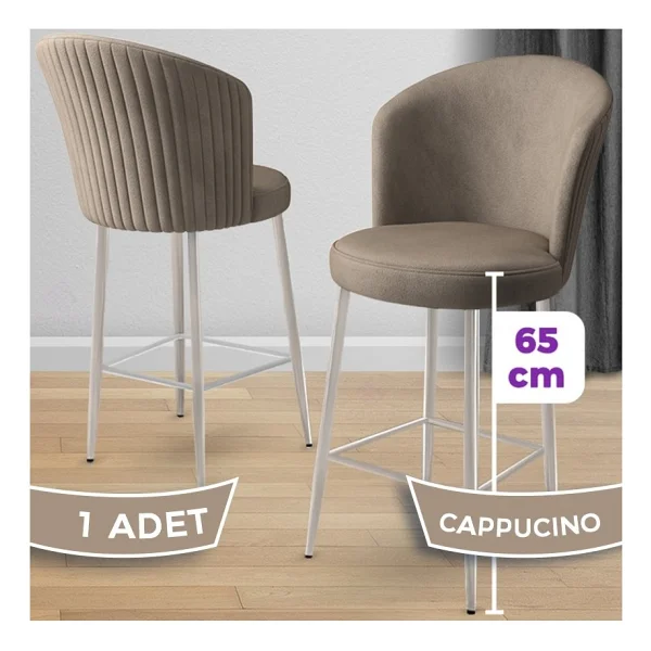 Canisa Alte Serisi 1 Adet Babyface Kumaş 65 Cm Krom Kaplama Ayaklı Bar Sandalyesi - Cappuccino - Görsel 7