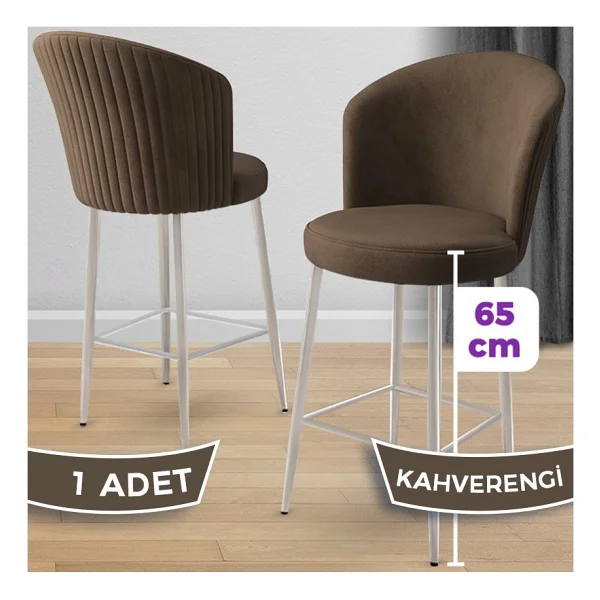 Canisa Alte Serisi 1 Adet Babyface Kumaş 65 Cm Krom Kaplama Ayaklı Bar Sandalyesi - Cappuccino - Görsel 8