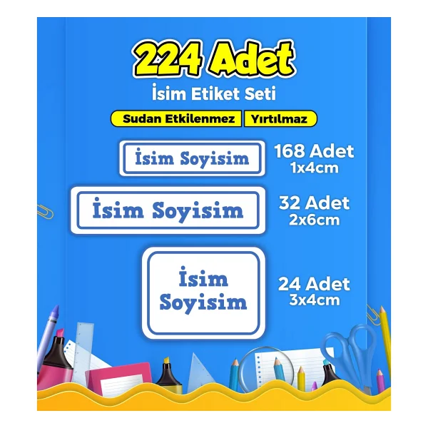 Sb Store Okul Kreş İsim Etiketi Kalem Defter Özel İsim Yazılabilen Etiket Seti Model 36 - 224 Adet - Görsel 4