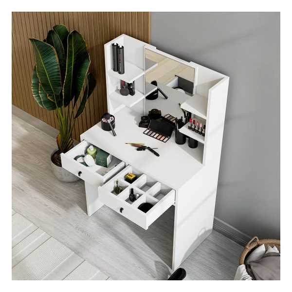 Mezza 2210 Shıny Aynalı 2 Çekmeceli 80 Cm Makyaj Masası Beyaz - Görsel 6