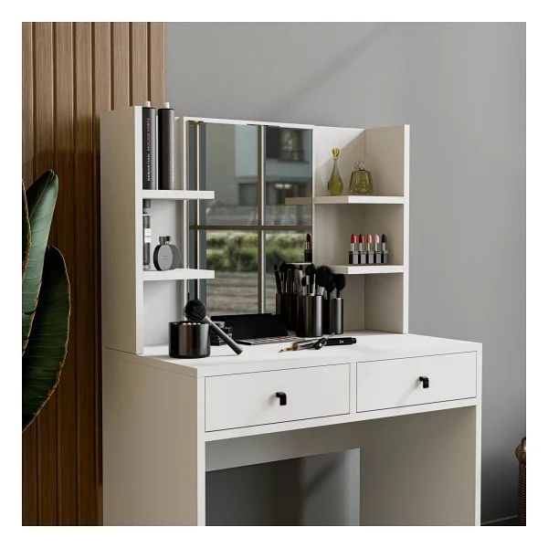 Mezza 2210 Shıny Aynalı 2 Çekmeceli 80 Cm Makyaj Masası Beyaz - Görsel 4