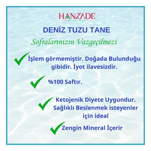 Hanzade Bitkisel Saf Deniz Tuzu Tane Granül Iyot Ilavesiz 1 kg x 2 Adet - 2 kg - Görsel 2