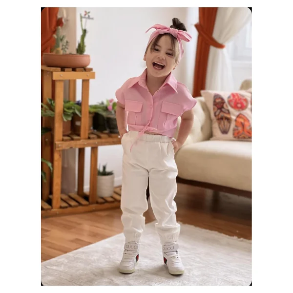Meqlife Bağlamalı Kız Çocuk Gömlek Krop Bandana Hediye Pembe 1-2 Yaş - Görsel 2