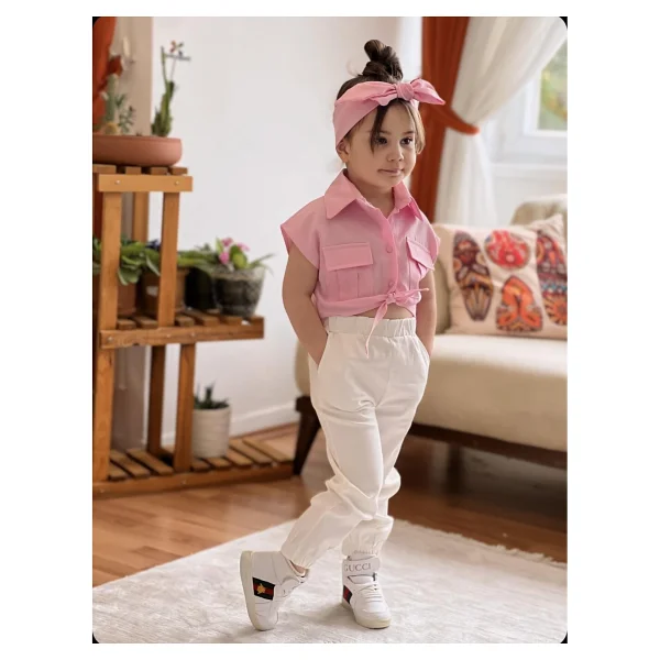 Meqlife Bağlamalı Kız Çocuk Gömlek Krop Bandana Hediye Pembe 1-2 Yaş - Görsel 4