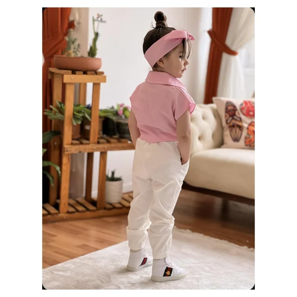 Meqlife Bağlamalı Kız Çocuk Gömlek Krop Bandana Hediye Pembe 1-2 Yaş - Görsel 5