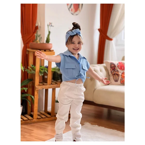 Meqlife Bağlamalı Kız Çocuk Gömlek Krop Bandana Hediye Pembe 1-2 Yaş - Görsel 7
