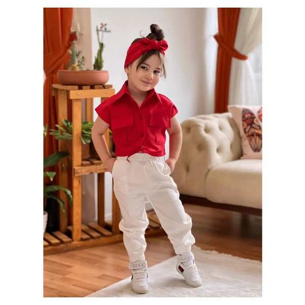 Meqlife Bağlamalı Kız Çocuk Gömlek Krop Bandana Hediye Pembe 1-2 Yaş - Görsel 8