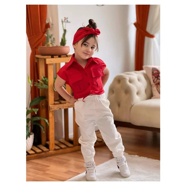 Meqlife Bağlamalı Kız Çocuk Gömlek Krop Bandana Hediye Kırmızı 1-2 Yaş - Görsel 2