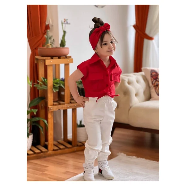 Meqlife Bağlamalı Kız Çocuk Gömlek Krop Bandana Hediye Kırmızı 1-2 Yaş - Görsel 3
