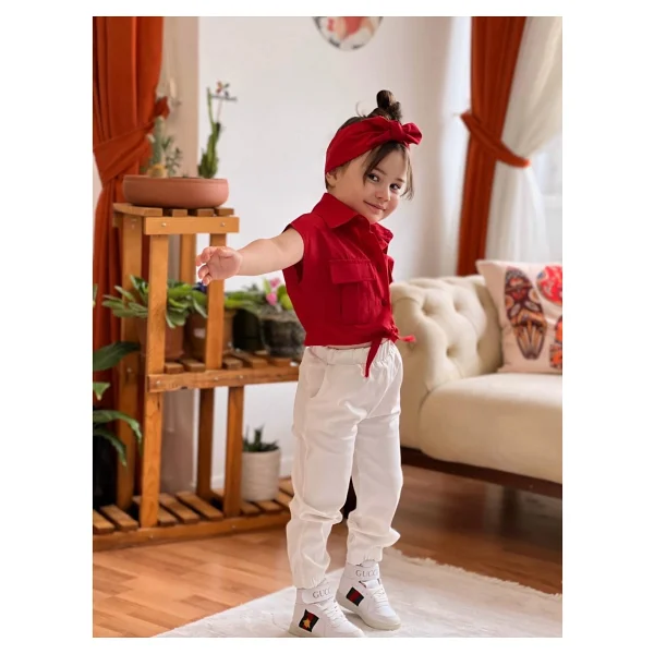Meqlife Bağlamalı Kız Çocuk Gömlek Krop Bandana Hediye Kırmızı 1-2 Yaş - Görsel 4