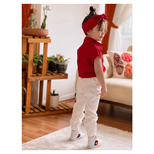 Meqlife Bağlamalı Kız Çocuk Gömlek Krop Bandana Hediye Kırmızı 1-2 Yaş - Görsel 5