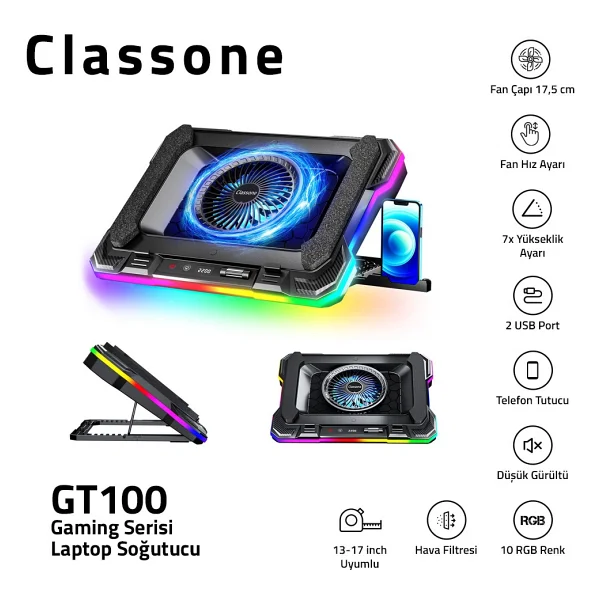 Classone Gt100 RGB Fanlı 17.3" Laptop Soğutucu - Görsel 2