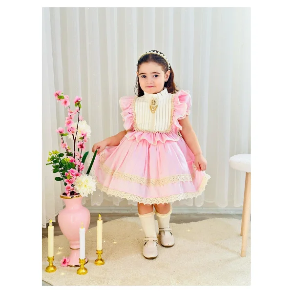 Hly Karol Tasarım Pembe Krem Vintage Kız Bebek Elbisesi,Doğum günü,fotoğraf çekim elbise,0-12 Yaş Uygun