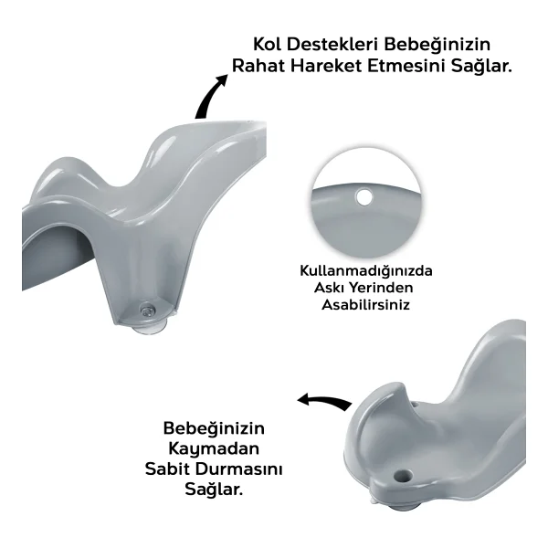 Meleni Baby Vakum Tabanlı Bebek Yıkama Banyo Aparatı - Bebek Yıkama Koltuğu Küvet Oturağı - Gri - Görsel 4