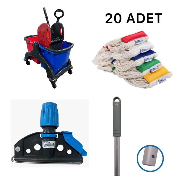 Mck Plus Çift Kovalı Plastik Temizlik Arabası Paspas Arabası Islak Mop Seti 20 Islak Mop - Siyah - Görsel 6