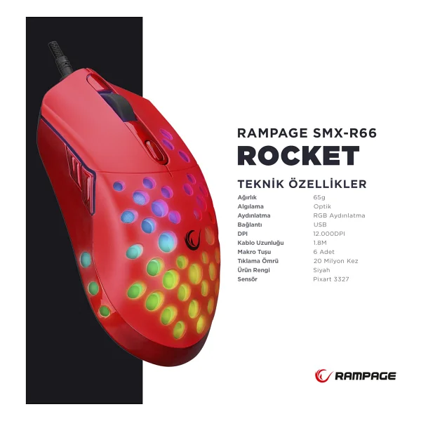 Rampage Smx-R66 Rocket Kırmızı RGB Makrolu Ergonomik Optik Kablolu Oyuncu Mouse - Görsel 2
