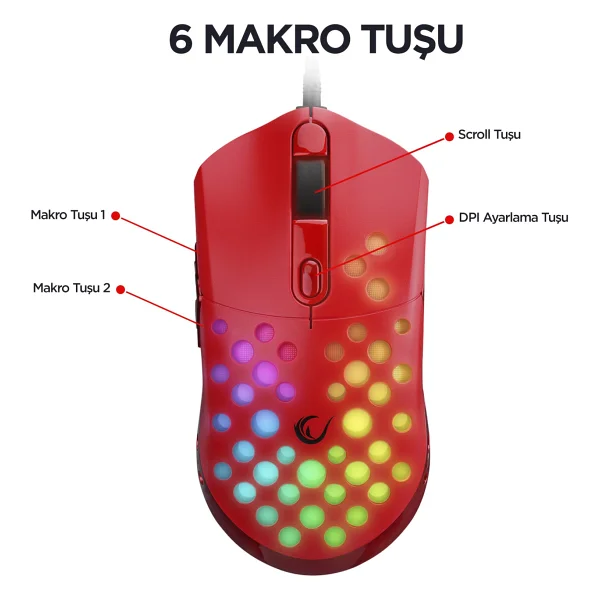 Rampage Smx-R66 Rocket Kırmızı RGB Makrolu Ergonomik Optik Kablolu Oyuncu Mouse - Görsel 4