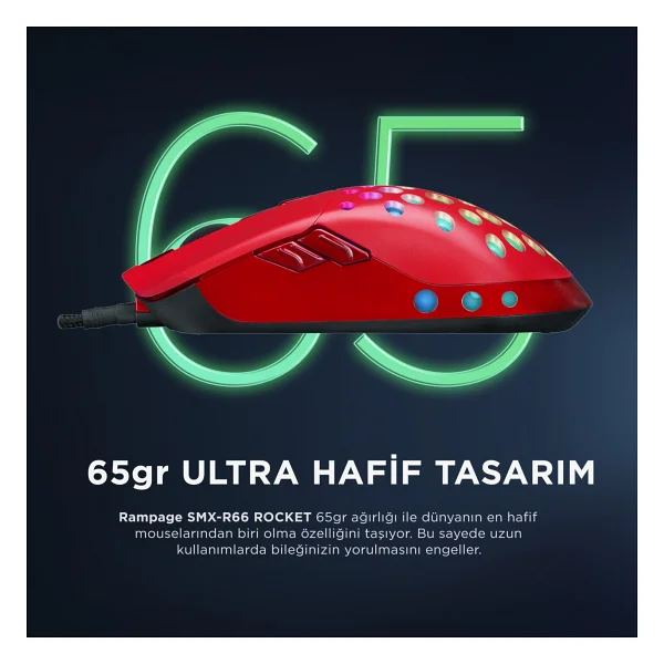 Rampage Smx-R66 Rocket Kırmızı RGB Makrolu Ergonomik Optik Kablolu Oyuncu Mouse - Görsel 6