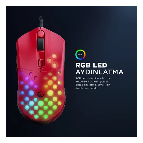 Rampage Smx-R66 Rocket Kırmızı RGB Makrolu Ergonomik Optik Kablolu Oyuncu Mouse - Görsel 7