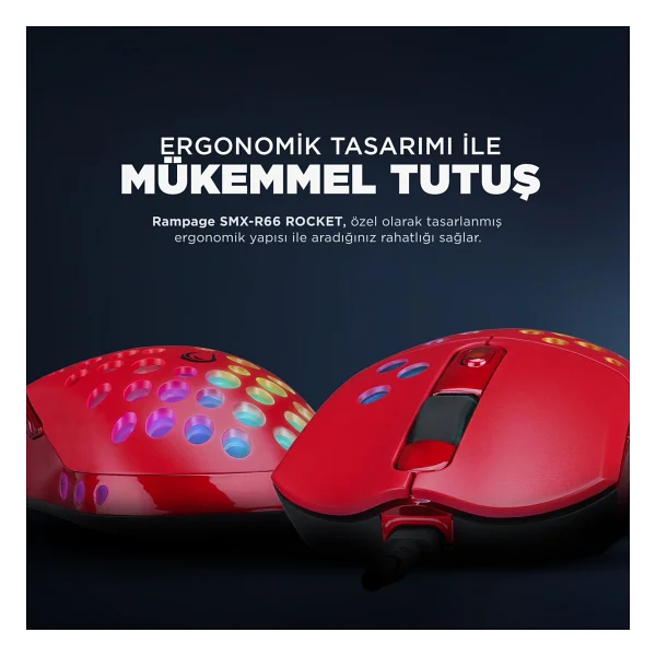 Rampage Smx-R66 Rocket Kırmızı RGB Makrolu Ergonomik Optik Kablolu Oyuncu Mouse - Görsel 8