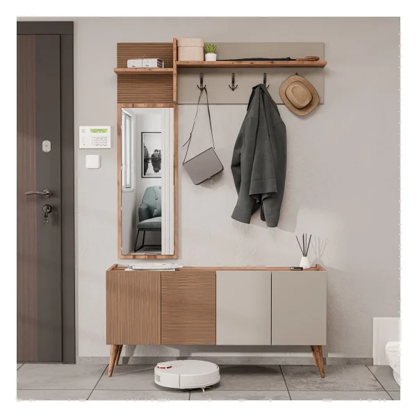 Mezza Theo 5062 Ceviz-Kumtaşı 4 Kapaklı Sol Aynalı Portmanto - Görsel 3