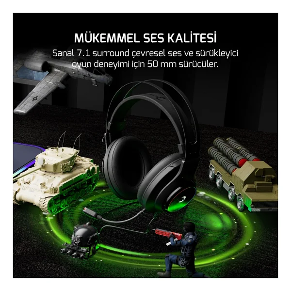 Gamepower Kugon 7.1 USB Kablolu Kulak Üstü Oyuncu Kulaklığı - Görsel 2
