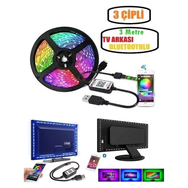 Gaman Bluetoothlu USB Şerit LED Tv Pc Arkası Telefondan Kontrollü Rgb Aydınlatma 3 Metre Sese Duyarlı - Görsel 3