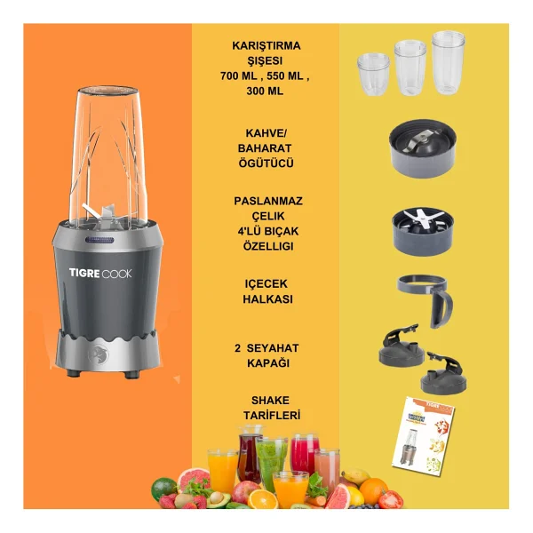 Tigrecook Nutrishake 3in1 1000 W Gri Öğütücü Ve Smoothie Blender - Görsel 3