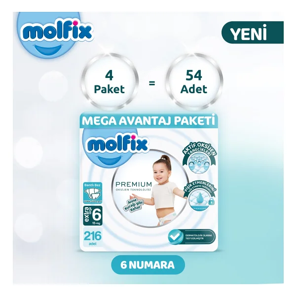 Molfix Premium 6 Numara Extra Large 54'lü 4 Adet Bebek Bezi - Görsel 2