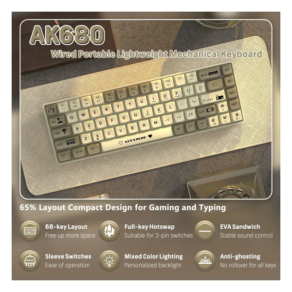 Ajazz Ak680 Gri %65 Tkl Red Switch Kablolu Mekanik Oyuncu Klavyesi - Görsel 5