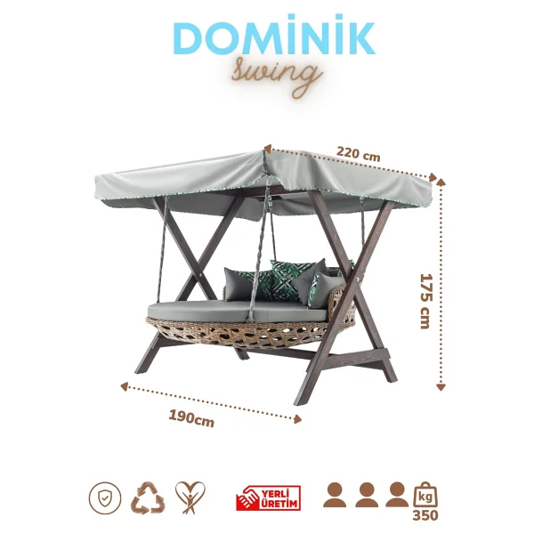 Hier Dominik Swing Ahşap Rattan Salıncak Dış Mekan Bahçe Balkon Ve Teras Salıncağı Gri - Görsel 6