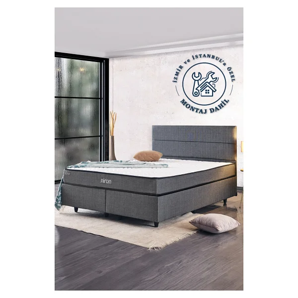 Niron Yatak Silver Çift Kişilik Yatak Seti 160x200 Cm, Full Ortopedik Sert Yatak Kaydırmaz Kumaş Kaplı Metal Baza Ve Başlık Takımı - Gri - 160 X 200 Cm - Görsel 9