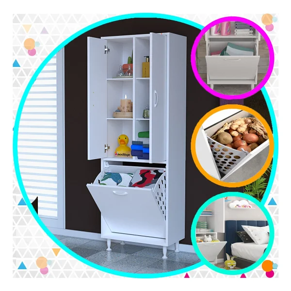 Modilayn ARD-133 Inci 2 Kapaklı Kirli Çamaşır Sepetli Banyo Dolabı Muftak Dolabı Çok Amaçlı Dolap - Görsel 10