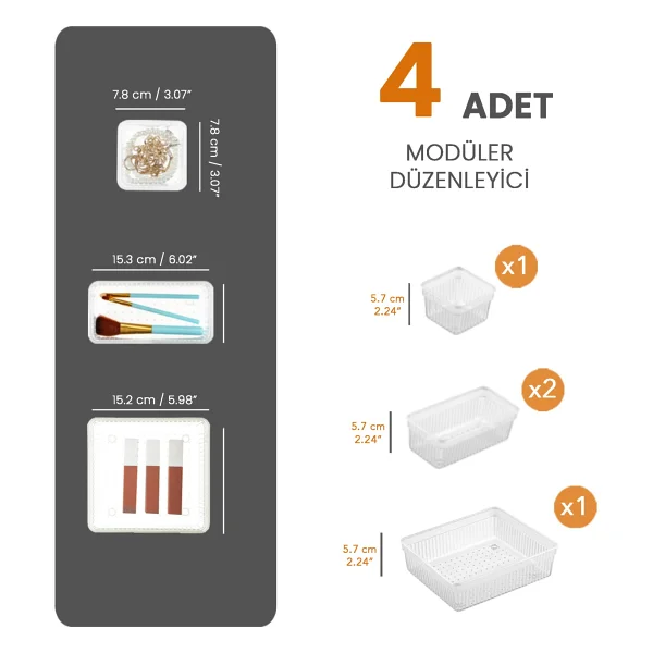 Meleni Home 4'lü Çekmece İçi Çok Amaçlı Organizer -Kozmetik Takı Makyaj Organizeri Dolap İçi Düzenleyici Şeffaf - Görsel 2